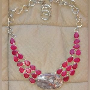 STATEMENT NECKLACE: 925, red crystal & Laguna Lace Agate stone